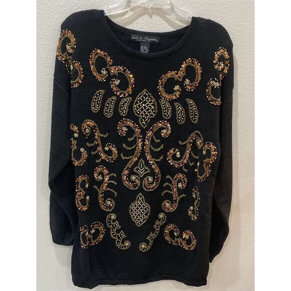 Glady’s Bragley Sweaters - Vintage Black Sweater M ( 10-12 )Gold Beaded Sequins Glamour Party Pullover
